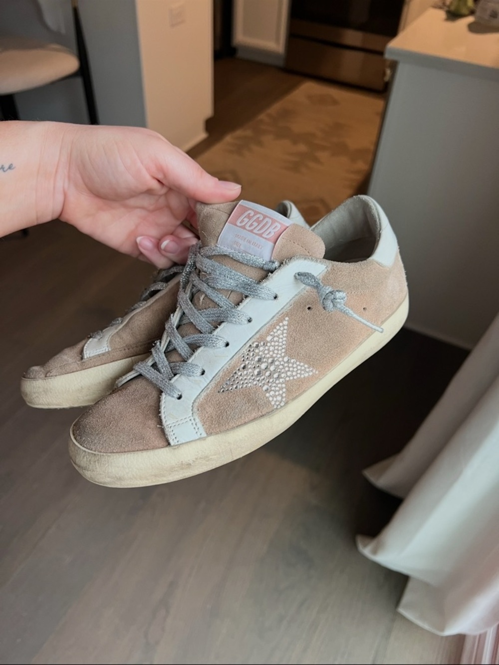 Golden Goose Beige Suede Sneakers with Crystal Star